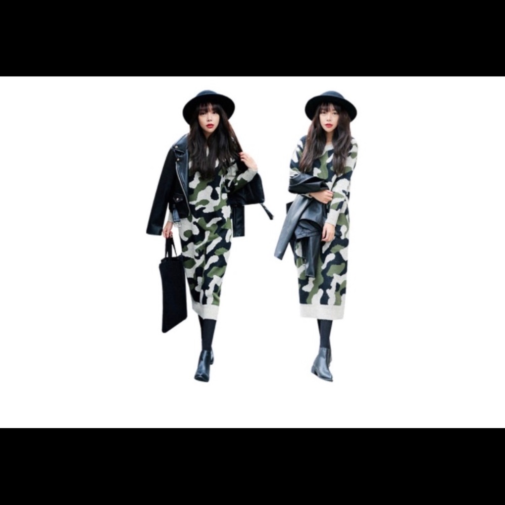 Green Long Sleeve Camouflage Knit Sweater Dress